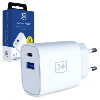 3mk FlowPower PD 30W – síťová nabíječka GaN 30 W USB-C PD 3.0 + USB-A QC 4.0 bílá